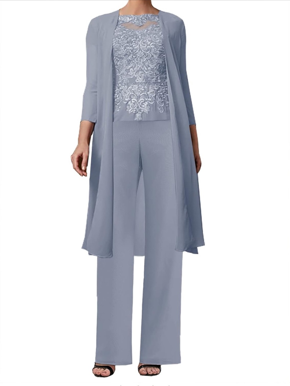 Mother of the Bride Pant Suit Set Women’s 14 Blue Lace Chiffon 3 Piece Formal